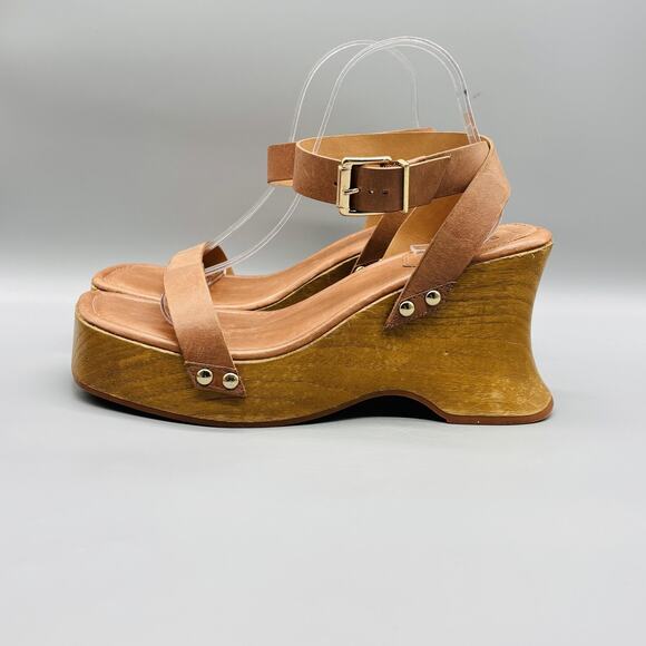 Schutz Sandals Womens 11 Brown Leather Wedge Platform Wood Heel Ankle Strappy - Picture 4 of 10